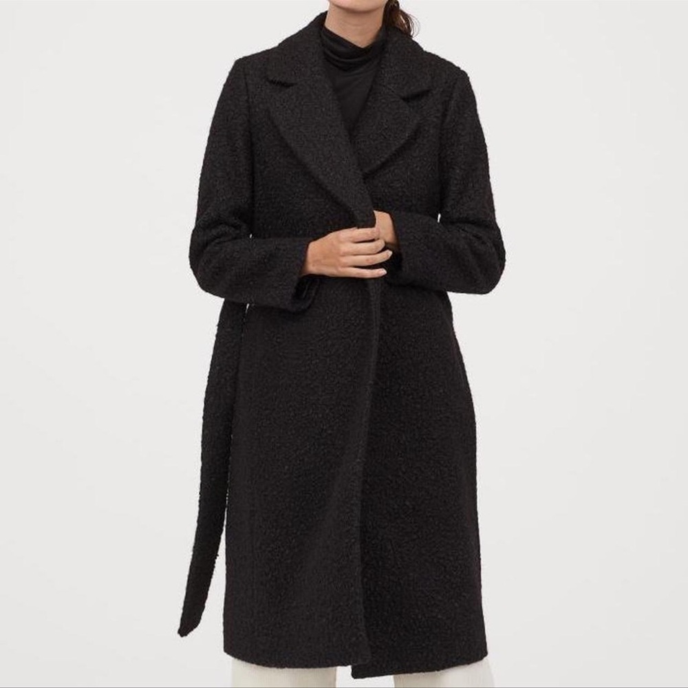 H&M Black Textured Belted Coat